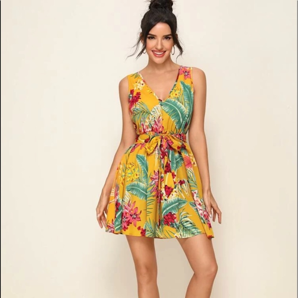 Tropical Print Low back Self Belted Dress